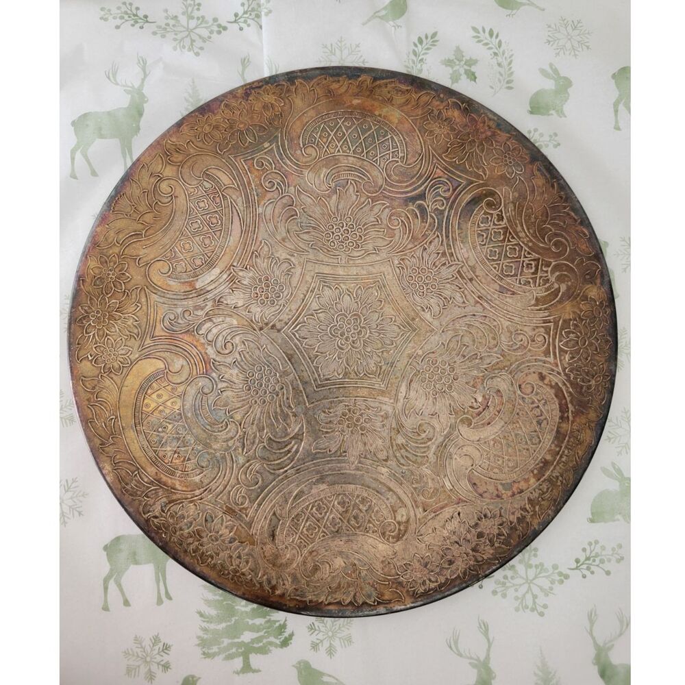 Made in England Vintage Round Embossed Tray Ornate Floral Boho Decor
